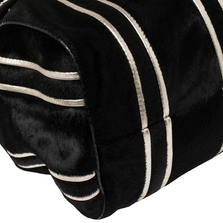 Pre Owned Dolce and Gabbana Black/Silver Stripe Calfhair and Snakeskin XL Miss Sicily Top Handle Bag