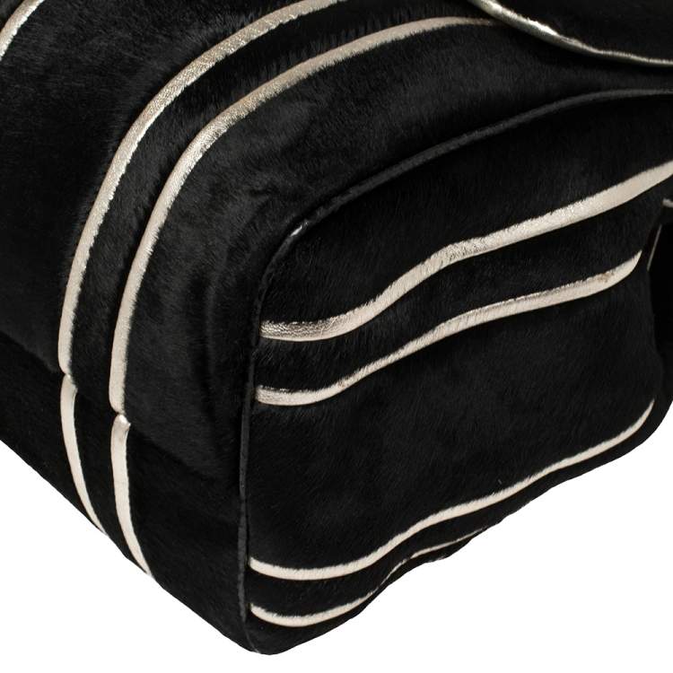 Pre Owned Dolce and Gabbana Black/Silver Stripe Calfhair and Snakeskin XL Miss Sicily Top Handle Bag