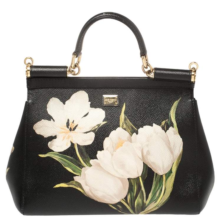 Pre Owned Dolce & Gabbana Black Tulip Print Leather Medium Miss Sicily Top Handle Bag