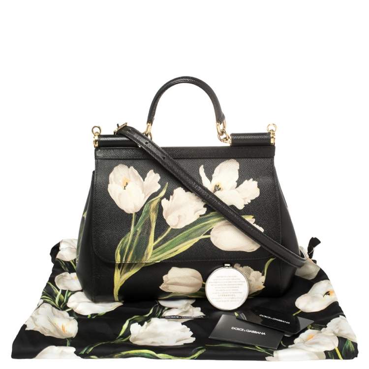 Pre Owned Dolce & Gabbana Black Tulip Print Leather Medium Miss Sicily Top Handle Bag