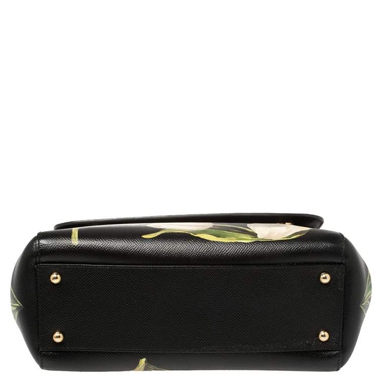 Pre Owned Dolce & Gabbana Black Tulip Print Leather Medium Miss Sicily Top Handle Bag