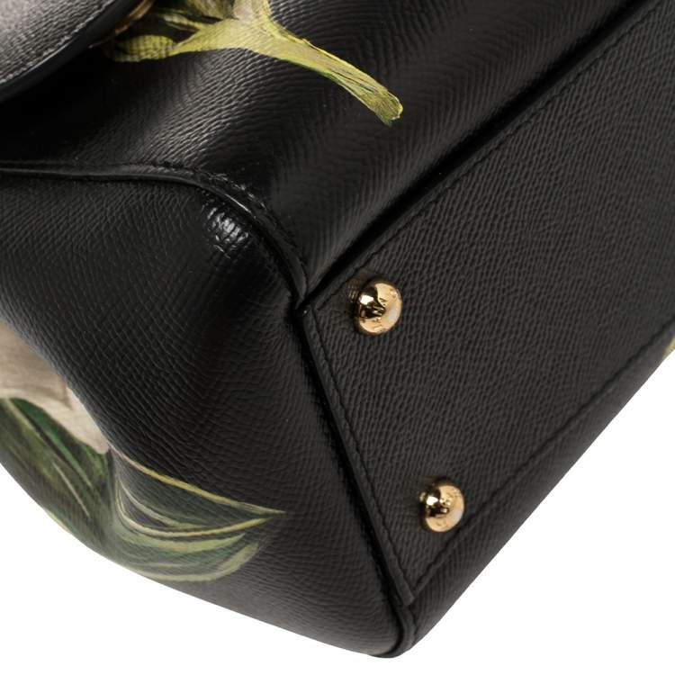 Pre Owned Dolce & Gabbana Black Tulip Print Leather Medium Miss Sicily Top Handle Bag