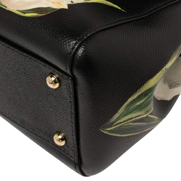 Pre Owned Dolce & Gabbana Black Tulip Print Leather Medium Miss Sicily Top Handle Bag
