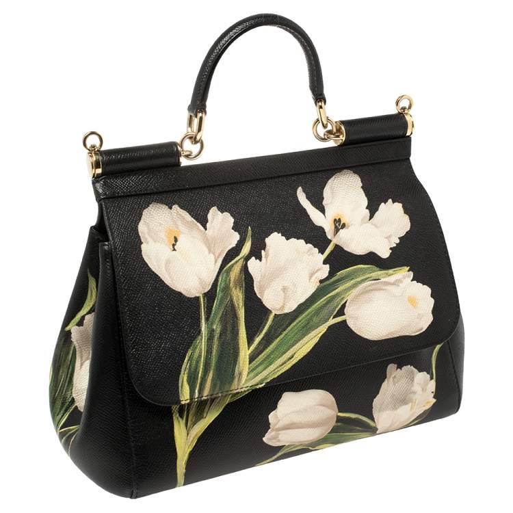 Pre Owned Dolce & Gabbana Black Tulip Print Leather Medium Miss Sicily Top Handle Bag