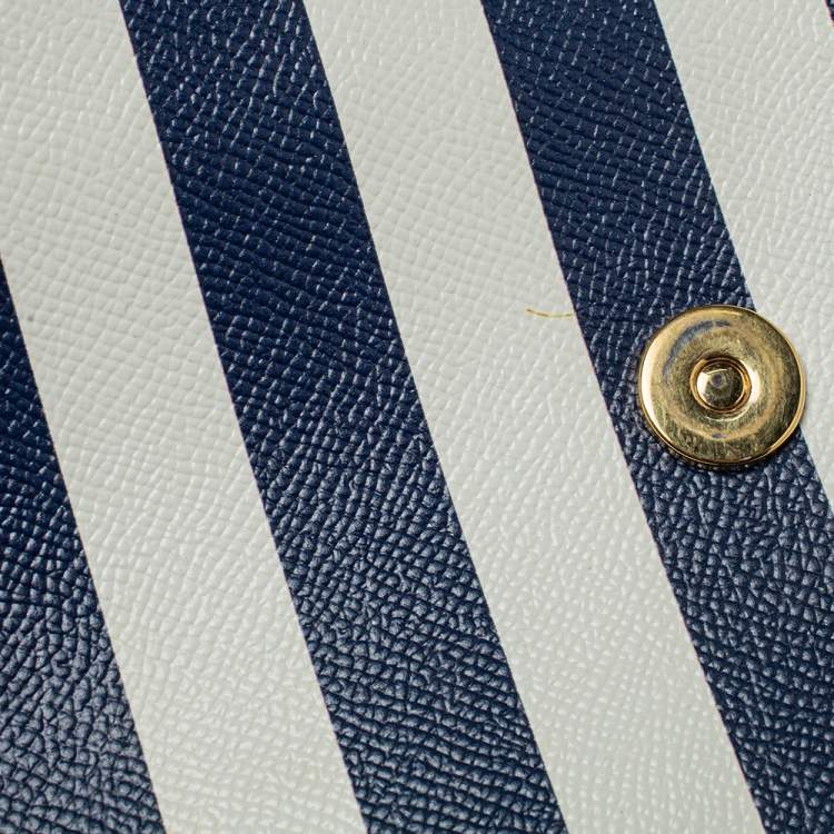 Pre Owned Dolce & Gabbana Blue/White Striped Embroidered Leather Medium Miss Sicily Top Handle Bag