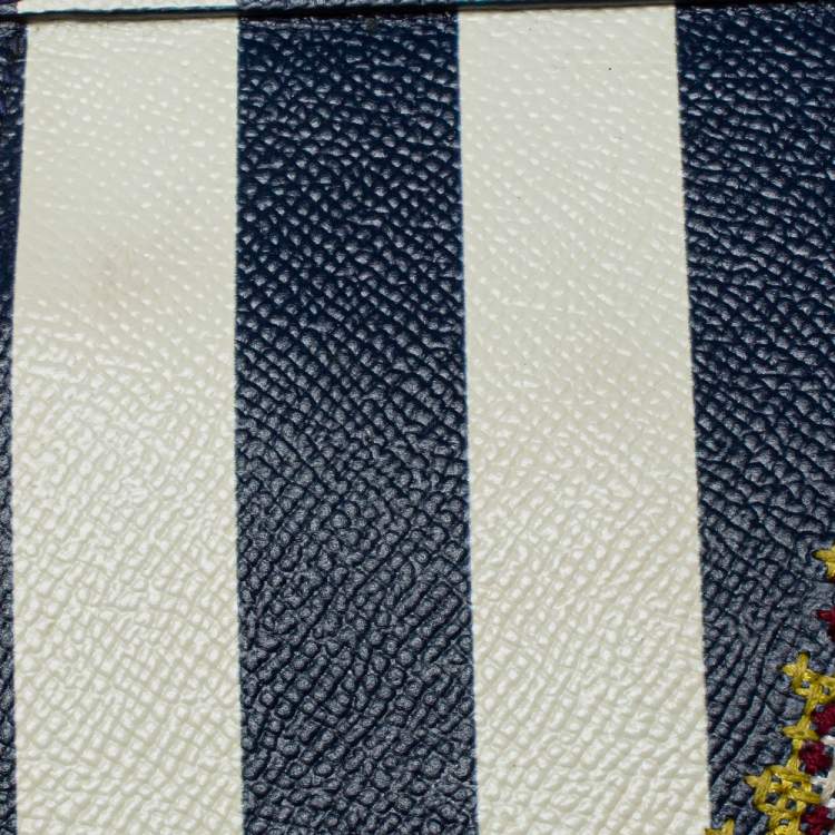Pre Owned Dolce & Gabbana Blue/White Striped Embroidered Leather Medium Miss Sicily Top Handle Bag