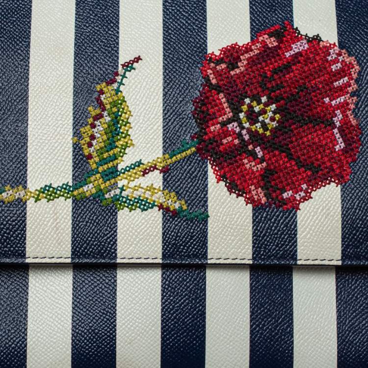 Pre Owned Dolce & Gabbana Blue/White Striped Embroidered Leather Medium Miss Sicily Top Handle Bag