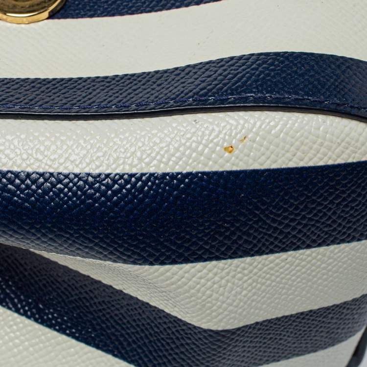 Pre Owned Dolce & Gabbana Blue/White Striped Embroidered Leather Medium Miss Sicily Top Handle Bag