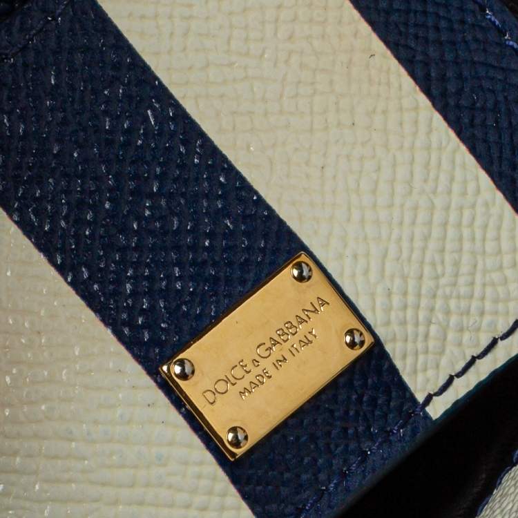 Pre Owned Dolce & Gabbana Blue/White Striped Embroidered Leather Medium Miss Sicily Top Handle Bag