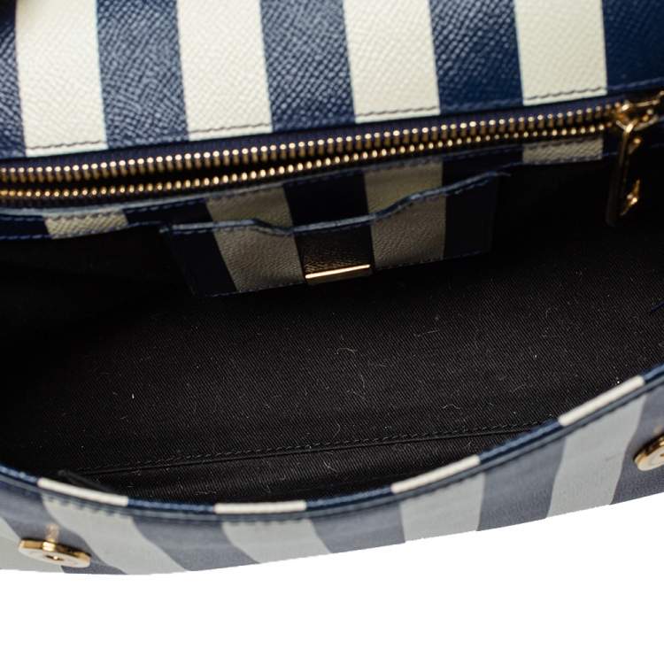 Pre Owned Dolce & Gabbana Blue/White Striped Embroidered Leather Medium Miss Sicily Top Handle Bag