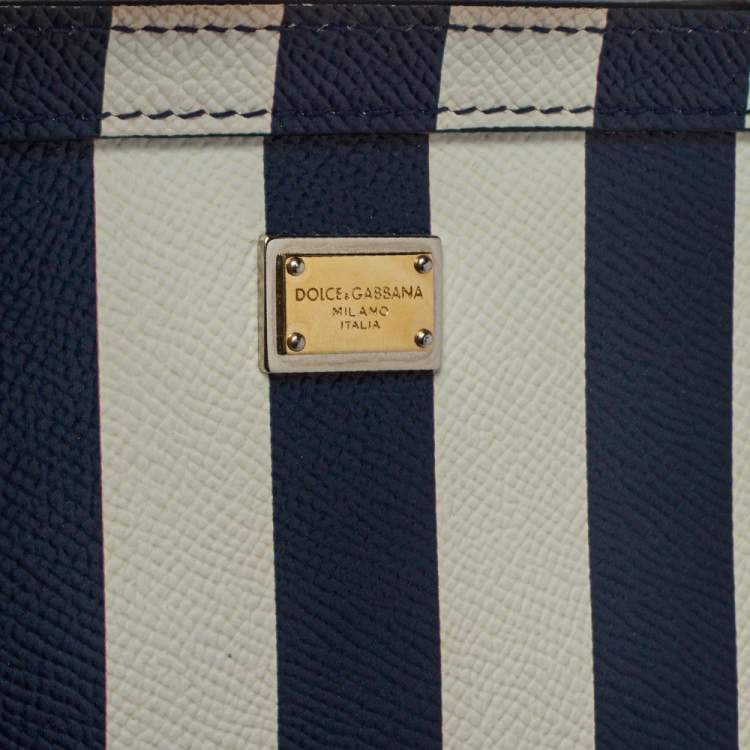 Pre Owned Dolce & Gabbana Blue/White Striped Embroidered Leather Medium Miss Sicily Top Handle Bag