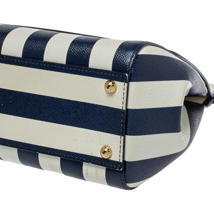 Pre Owned Dolce & Gabbana Blue/White Striped Embroidered Leather Medium Miss Sicily Top Handle Bag