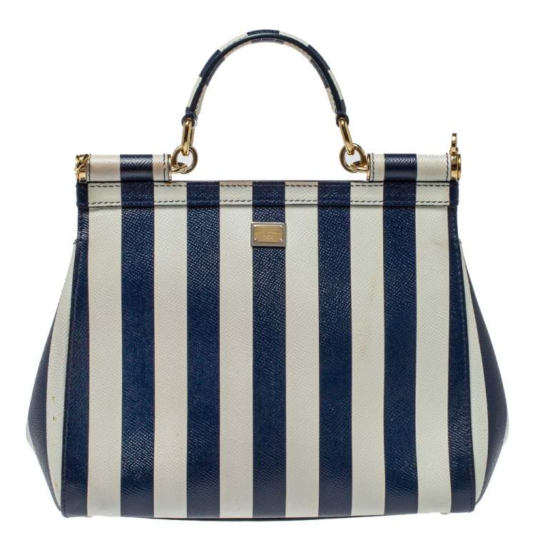 Pre Owned Dolce & Gabbana Blue/White Striped Embroidered Leather Medium Miss Sicily Top Handle Bag