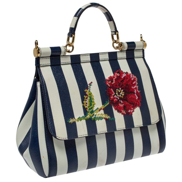 Pre Owned Dolce & Gabbana Blue/White Striped Embroidered Leather Medium Miss Sicily Top Handle Bag