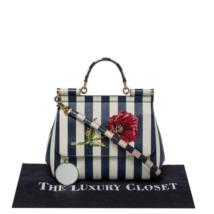 Pre Owned Dolce & Gabbana Blue/White Striped Embroidered Leather Medium Miss Sicily Top Handle Bag