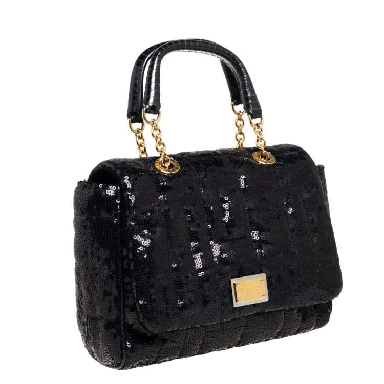 Pre Owned Dolce & Gabbana Black Sequin Small Sicily Top Handle Bag