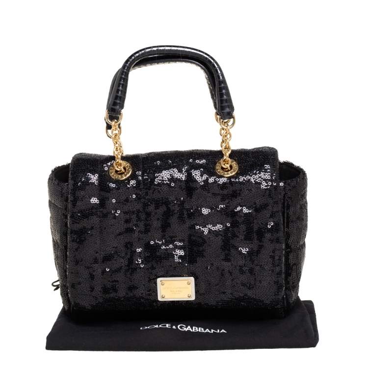 Pre Owned Dolce & Gabbana Black Sequin Small Sicily Top Handle Bag