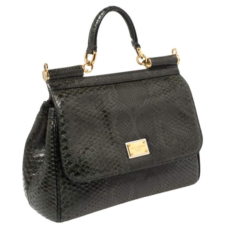 Pre Owned Dolce & Gabbana Deep Green Python Medium Miss Sicily Top Handle Bag