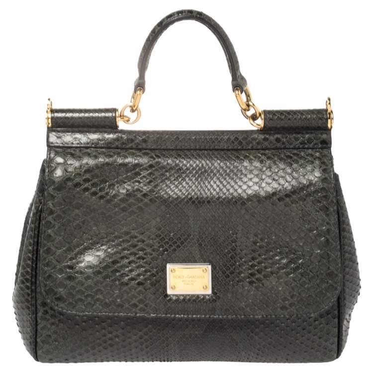 Pre Owned Dolce & Gabbana Deep Green Python Medium Miss Sicily Top Handle Bag
