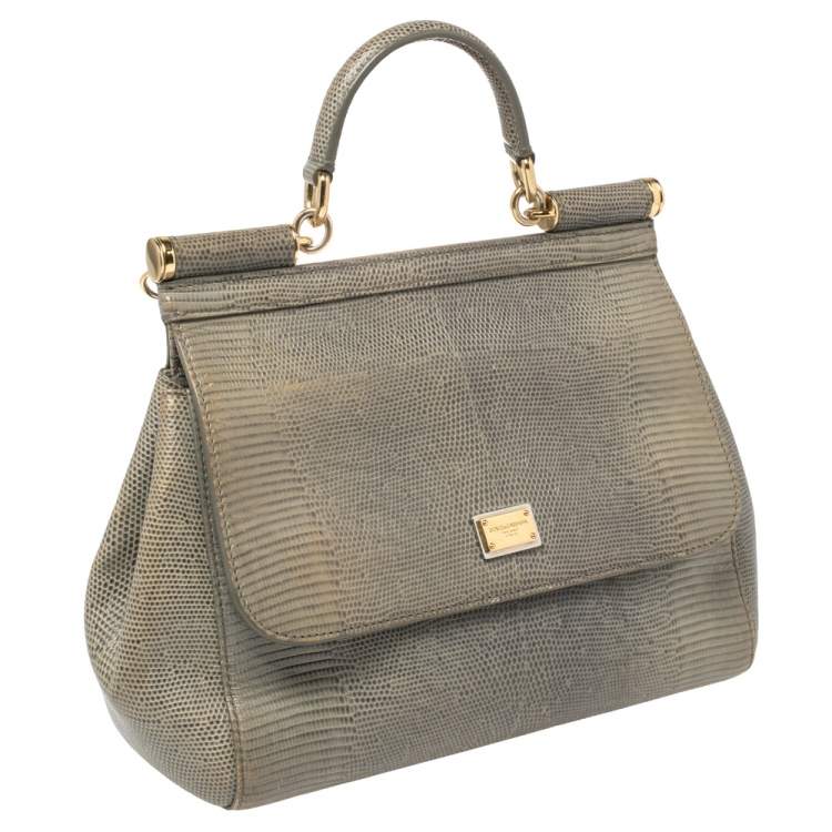 Pre Owned Dolce & Gabbana Avocado Green Lizard Embossed Leather Medium Miss Sicily Bag