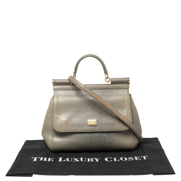 Pre Owned Dolce & Gabbana Avocado Green Lizard Embossed Leather Medium Miss Sicily Bag