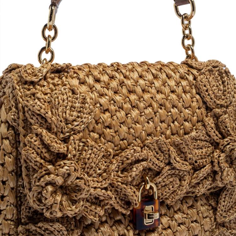 Pre Owned Dolce & Gabbana Tan/Brown Raffia and Leather Padlock Top Handle Bag