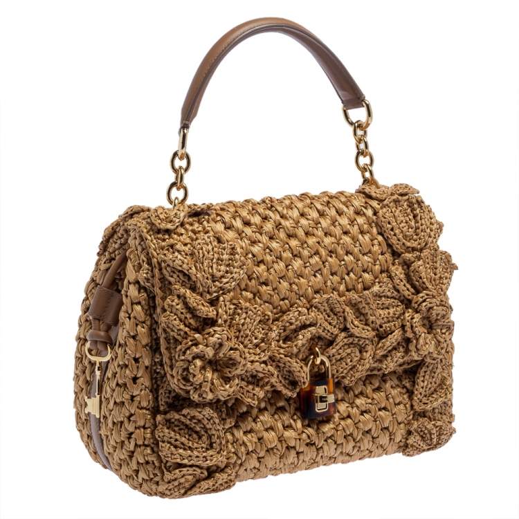 Pre Owned Dolce & Gabbana Tan/Brown Raffia and Leather Padlock Top Handle Bag