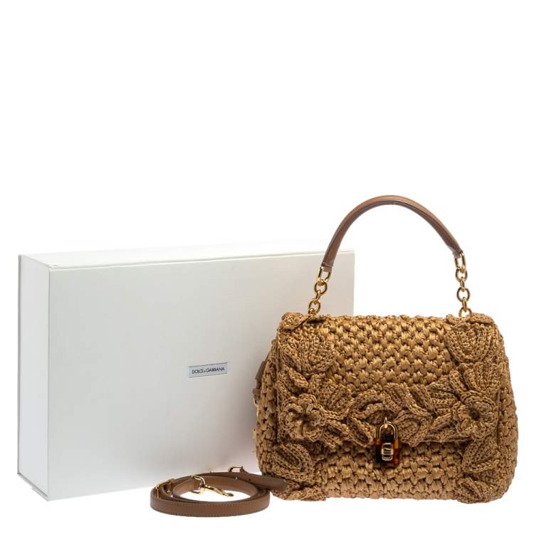 Pre Owned Dolce & Gabbana Tan/Brown Raffia and Leather Padlock Top Handle Bag