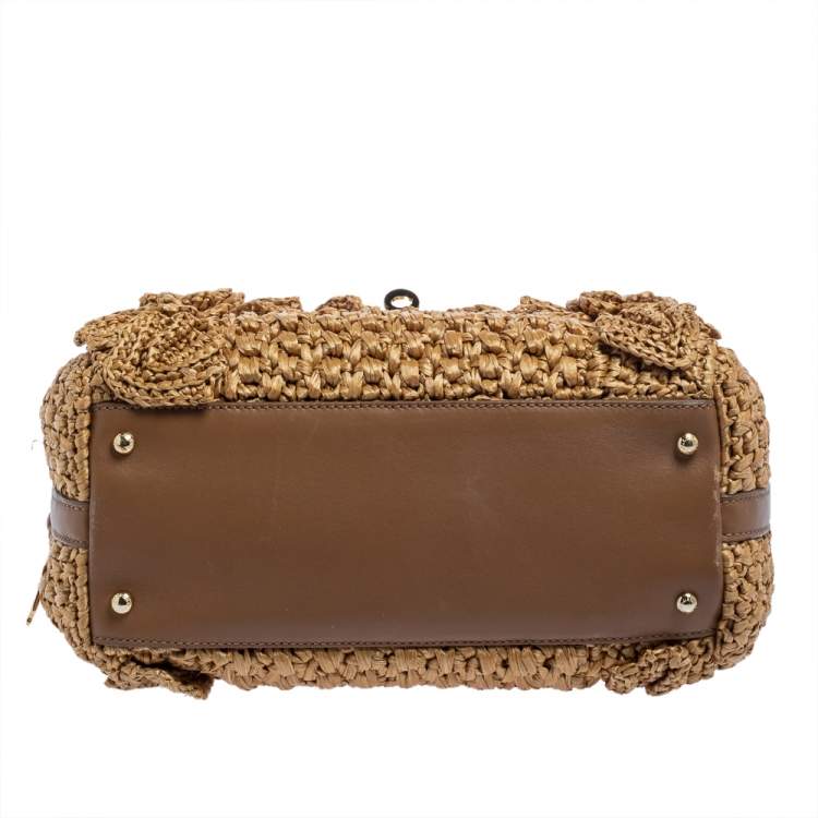 Pre Owned Dolce & Gabbana Tan/Brown Raffia and Leather Padlock Top Handle Bag