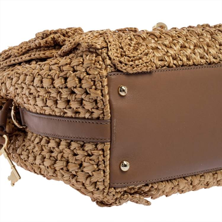 Pre Owned Dolce & Gabbana Tan/Brown Raffia and Leather Padlock Top Handle Bag