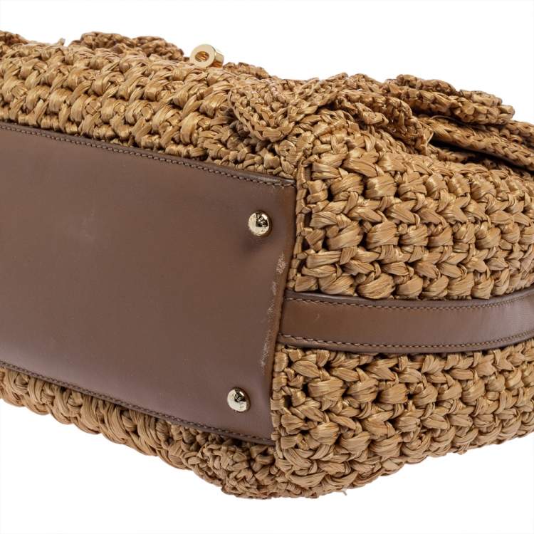 Pre Owned Dolce & Gabbana Tan/Brown Raffia and Leather Padlock Top Handle Bag