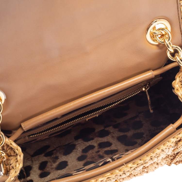 Pre Owned Dolce & Gabbana Tan/Brown Raffia and Leather Padlock Top Handle Bag