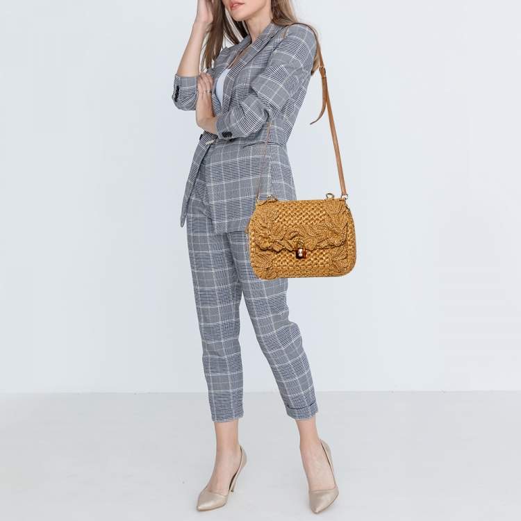 Pre Owned Dolce & Gabbana Tan/Brown Raffia and Leather Padlock Top Handle Bag