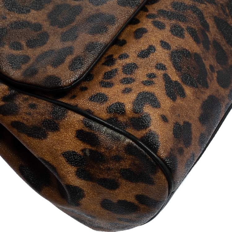 Pre Owned Dolce & Gabbana Black/Brown Leopard Print Coated Canvas and Leather Large Miss Sicily Top Handle Bag