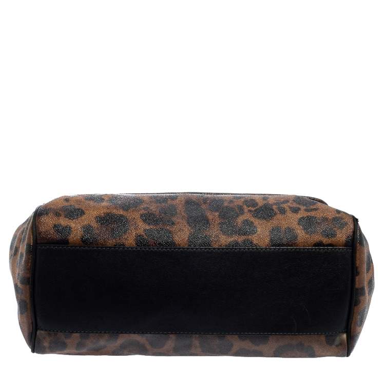 Pre Owned Dolce & Gabbana Black/Brown Leopard Print Coated Canvas and Leather Large Miss Sicily Top Handle Bag