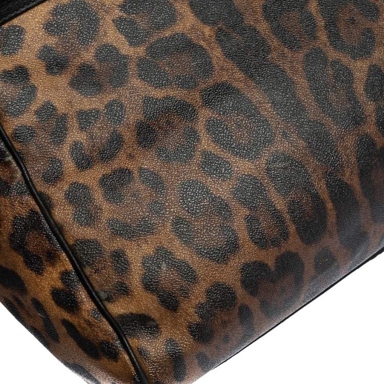 Pre Owned Dolce & Gabbana Black/Brown Leopard Print Coated Canvas and Leather Large Miss Sicily Top Handle Bag