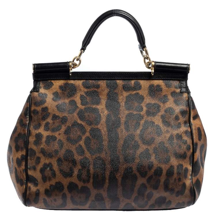 Pre Owned Dolce & Gabbana Black/Brown Leopard Print Coated Canvas and Leather Large Miss Sicily Top Handle Bag