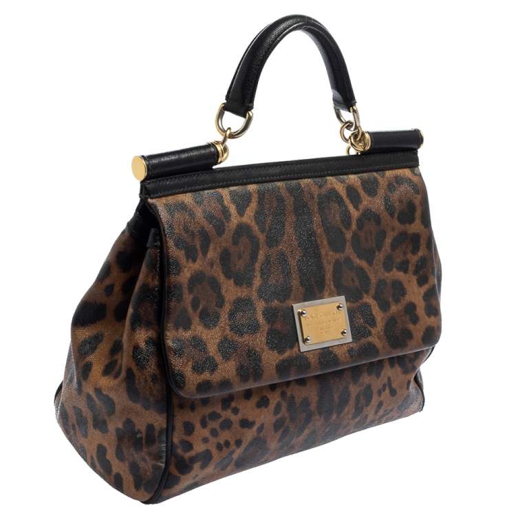 Pre Owned Dolce & Gabbana Black/Brown Leopard Print Coated Canvas and Leather Large Miss Sicily Top Handle Bag