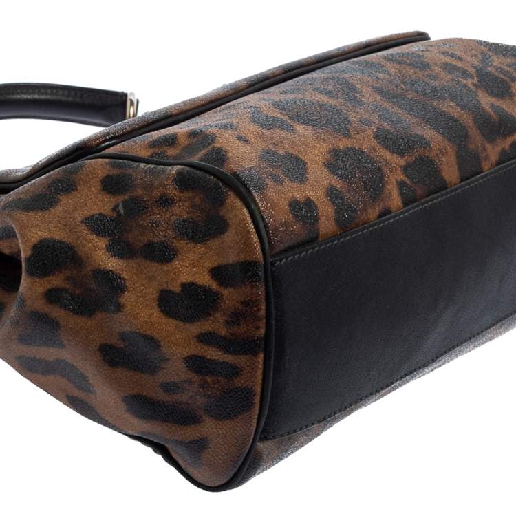 Pre Owned Dolce & Gabbana Black/Brown Leopard Print Coated Canvas and Leather Large Miss Sicily Top Handle Bag