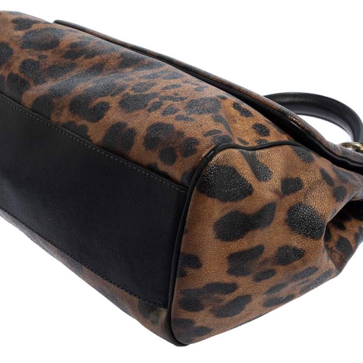 Pre Owned Dolce & Gabbana Black/Brown Leopard Print Coated Canvas and Leather Large Miss Sicily Top Handle Bag