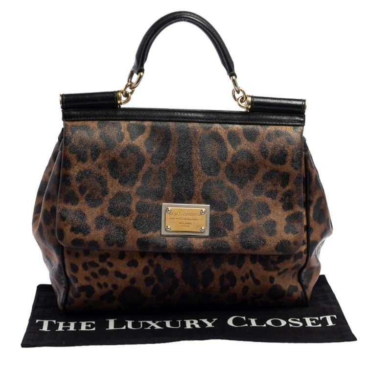 Pre Owned Dolce & Gabbana Black/Brown Leopard Print Coated Canvas and Leather Large Miss Sicily Top Handle Bag