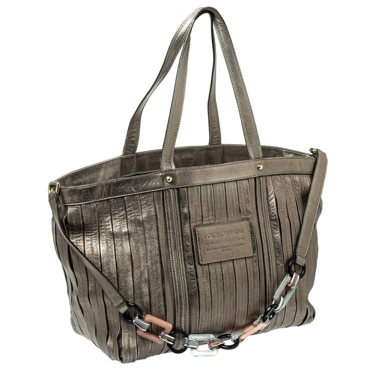 Pre Owned Dolce and Gabbana Metallic Pleated  Leather Miss Bye Bye Tote