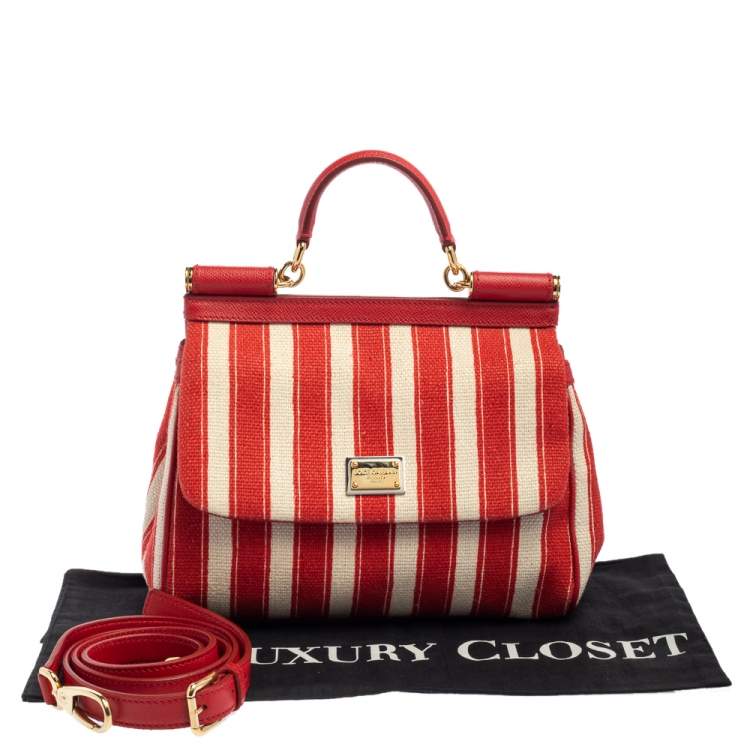 Pre Owned Dolce & Gabbana Red/White Stripe Raffia and Leather Medium Miss Sicily Top Handle Bag