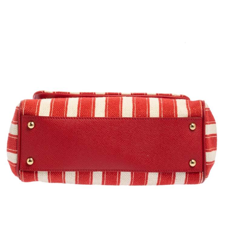 Pre Owned Dolce & Gabbana Red/White Stripe Raffia and Leather Medium Miss Sicily Top Handle Bag
