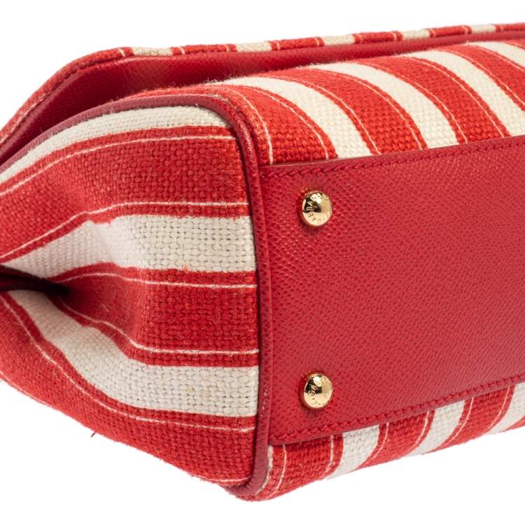 Pre Owned Dolce & Gabbana Red/White Stripe Raffia and Leather Medium Miss Sicily Top Handle Bag