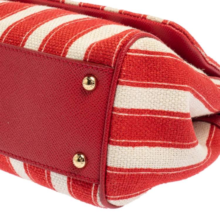 Pre Owned Dolce & Gabbana Red/White Stripe Raffia and Leather Medium Miss Sicily Top Handle Bag