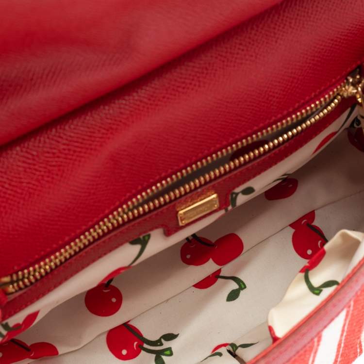 Pre Owned Dolce & Gabbana Red/White Stripe Raffia and Leather Medium Miss Sicily Top Handle Bag