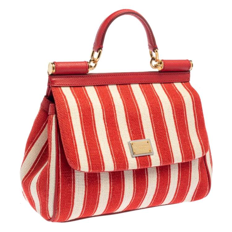 Pre Owned Dolce & Gabbana Red/White Stripe Raffia and Leather Medium Miss Sicily Top Handle Bag