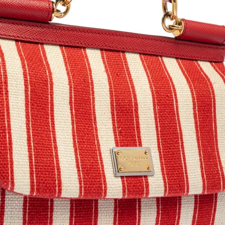 Pre Owned Dolce & Gabbana Red/White Stripe Raffia and Leather Medium Miss Sicily Top Handle Bag