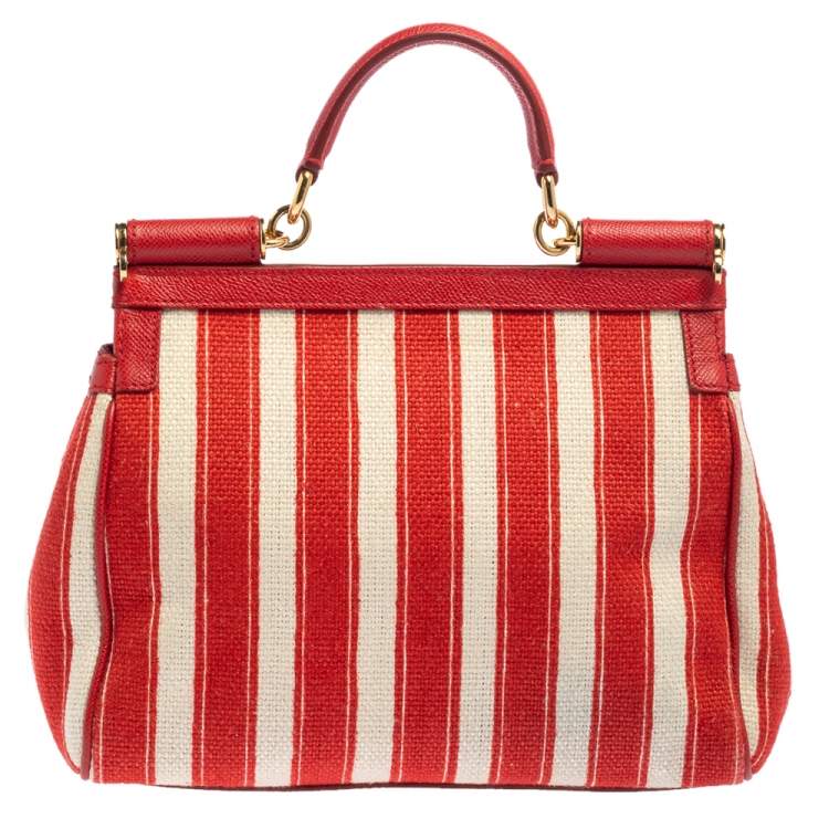 Pre Owned Dolce & Gabbana Red/White Stripe Raffia and Leather Medium Miss Sicily Top Handle Bag